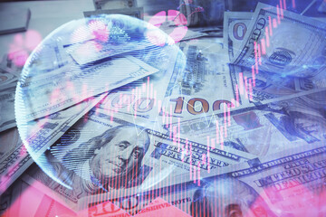 Multi exposure of business theme drawing over us dollars bill background. Concept of financial success.