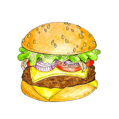 cheeseburger hand drawn illustration sketch retro style, burger