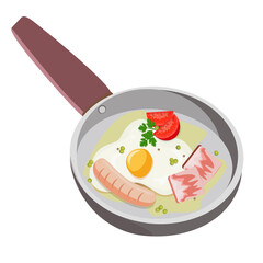 Scrambled eggs with bacon, sausage, tomatoes and green peas, garnished with herbs in a pan. An international and national dish. The egg dish can be made daily or on an egg feast day.