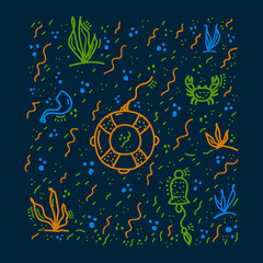Hand-drawn sea life. Doodle illustration of the Sea and Oceans, the world under water. Sea background with fish, seaweed, lighthouse, hat, lifebuoy. Vector illustration © Dilara