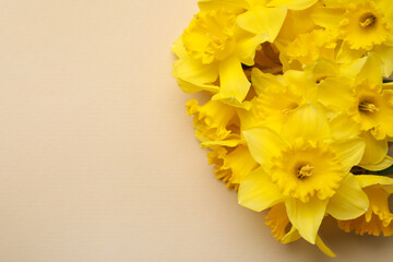 Beautiful daffodil bouquet on beige background, closeup. Space for text