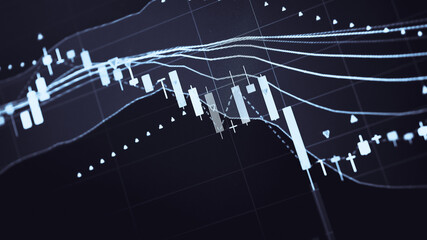 Charts of stock market instruments with various type of indicators and volume analysis for professional technical analysis on the monitor of a computer. Fundamental and technical analysis concept.	