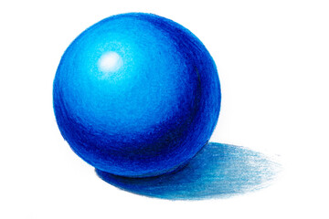 Handdrawn Pencil drawing of realistic blue ball with shadows. Drawing with Colored pencil isolated on white