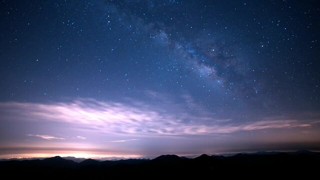 Time lapse of the Milky Way and the clouds moving above the mountains
