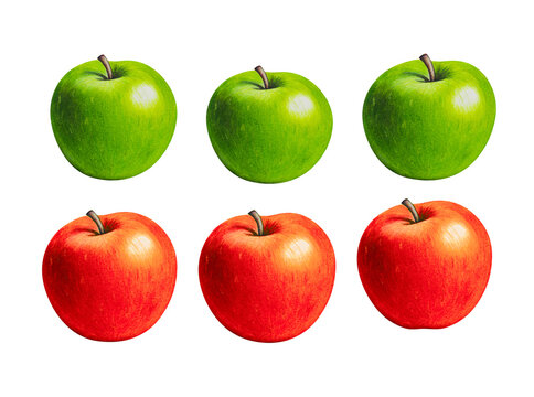 Red and green apple illustration set. Hand drawn texture with whole appleson white background. Artistic natural food wallpaper