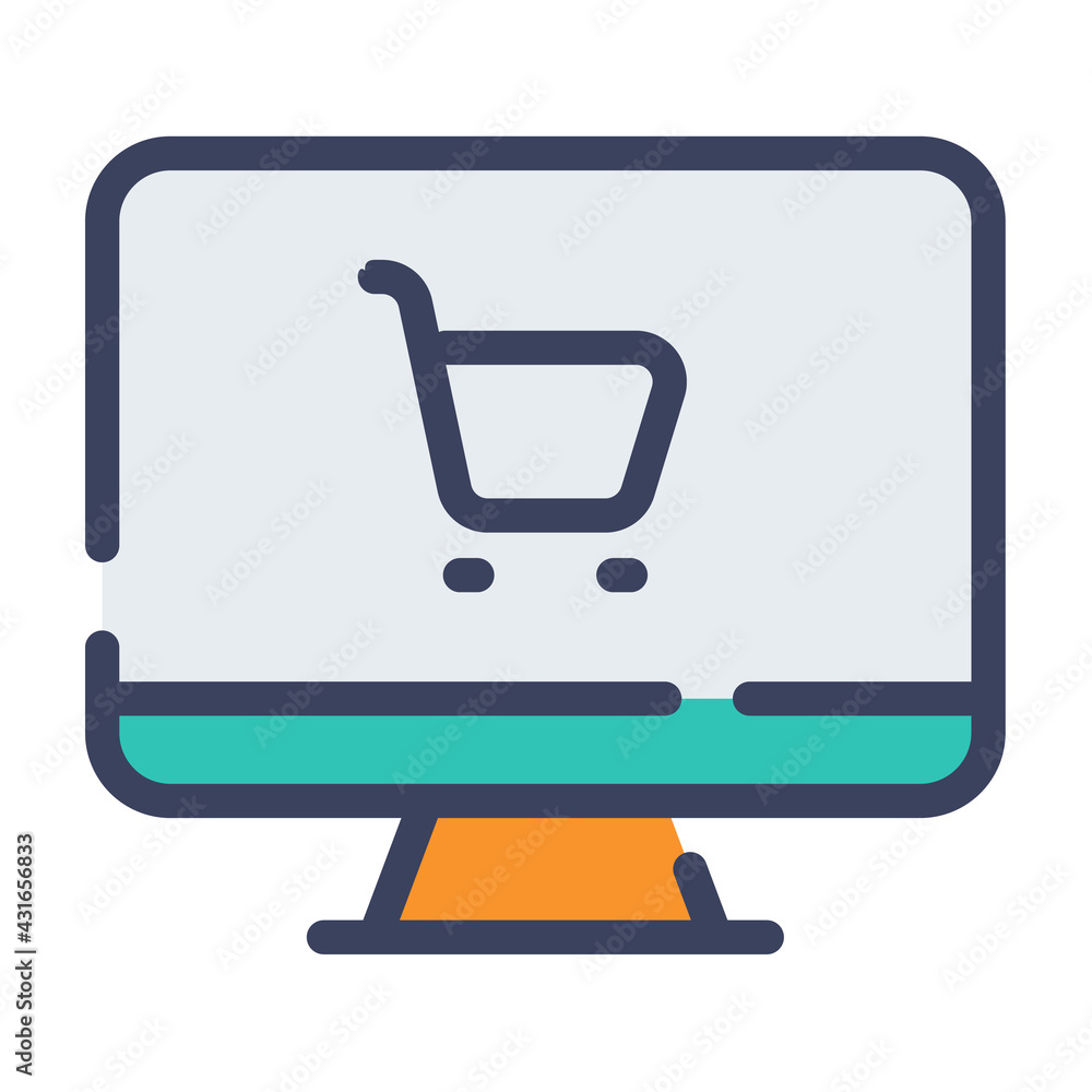 Poster desktop cart shop online single isolated icon with flat dash or dashed style