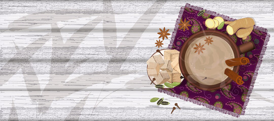 Traditional Indian tea masala on a napkin with an Indian ethnic pattern and spices. Top view of a cup of hot tea on a rustic wooden background. Vector illustration with space for your text.