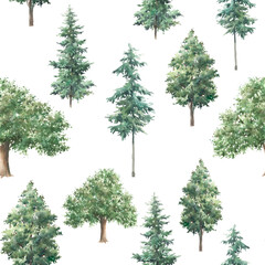 Watercolor woods seamless pattern. Forest green trees repeating texture. - 431657058