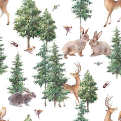 Woodland seamless pattern. Watercolor forest repeating texture with wild animals and trees.