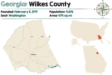 Large and detailed map of Wilkes county in Georgia, USA. © malachy120