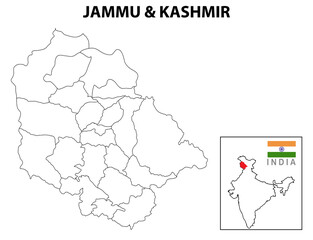 Jammu and Kashmir map. District map of Jammu and Kashmir. Outline map of Jammu and Kashmir. Blank and white map.