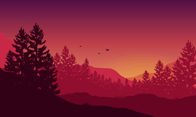 Magnificent panoramic views of the mountains at night from the edge of the city with the silhouettes of the surrounding trees. Vector illustration