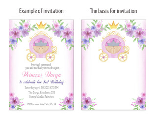 Watercolor princess carriage and flowers invitation card, layout.  Design for birthday party, baby shower, wedding. Princess, princess cart, crow, queen, fairy tale theme, for a girl