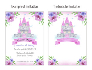 Watercolor princess castle and flowers invitation card, layout.  Design for birthday party, baby shower, wedding. Princess, palace, fortress, crow, queen, fairy tale theme, for a girl