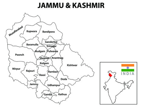 District map of Jammu and Kashmir. Jammu and Kashmir map with district and capital in white color.