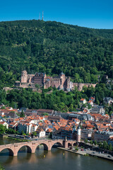 Fototapeta na wymiar Panoramic aerial view of Heidelberg and ruins of Heidelberg Castle (Heidelberger Schloss) in a beautiful summer day, Germany
