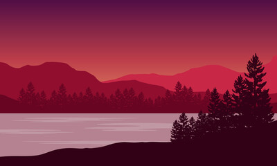 Beautiful Mountain views from the riverbank at sunset. Vector illustration