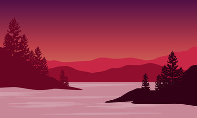 Fantastic panoramic views of the mountains from the riverbank at sundown. Vector illustration