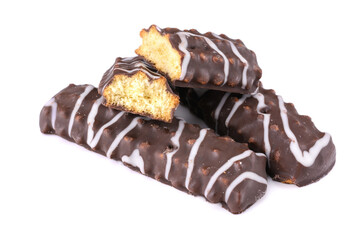 Cookies chocolate sticks whole and halves Isolated on a white background.
