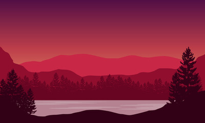 A realistic view of the mountains from the riverbank with the silhouettes of the surrounding trees. Vector illustration