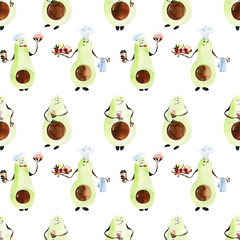 A set of watercolor seamless patterns with avocado characters