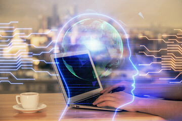 Multi exposure of woman hands working on computer and human brain hologram drawing. Ai tech concept.