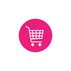White Shopping cart in pink magenta circle. Simple icon isolated on white background.
