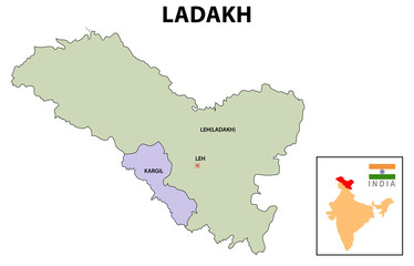 Ladakh map District map of Ladakh. Ladakh map with district and capital. Colour full district map of Ladakh. - obrazy, fototapety, plakaty