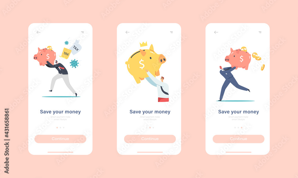 Poster save your money mobile app page onboard screen template. tiny characters with huge piggy bank. peopl
