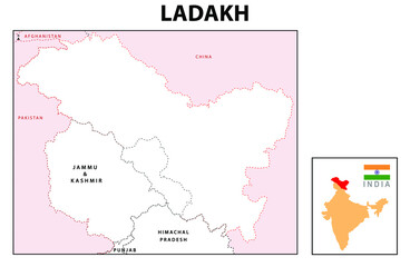 Ladakh map. Ladakh map with neighboring countries and border in outline.