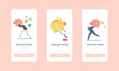 Save Your Money Mobile App Page Onboard Screen Template. Tiny Characters with Huge Piggy Bank. People Collect Money