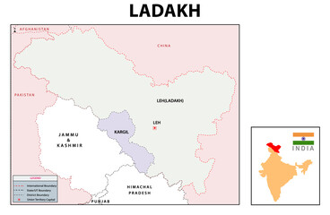 Ladakh map. Ladakh administrative and political map. Ladakh map with neighboring countries and border.