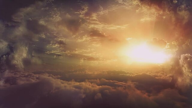 Golden sunset cloudscape. Flying above the clouds. High quality 4k footage