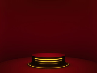 3D rendering. Dark red Sci-Fi product stand with circle light.
