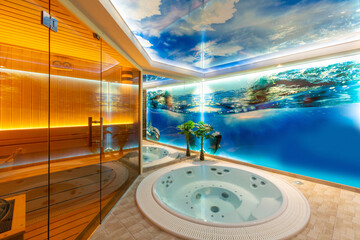 Hotel wellness interior with sauna and hydromassage tub