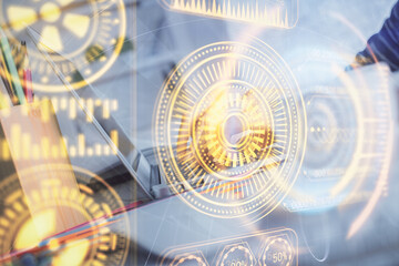 Fototapeta premium Double exposure of woman hands typing on computer and technology theme drawing. High Tech concept.
