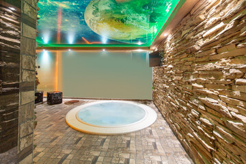 Hotel wellness interior with sauna and hydromassage tub