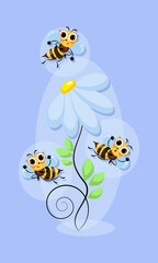 Cheerful bees swarm. Chamomile flower. World Bee Day. Bees honey swarming, fly in flower meadow. 