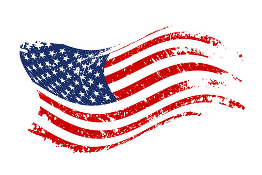 Grunge waving American flag isolated on white background. Scretched USA national symbol. Vector design element.