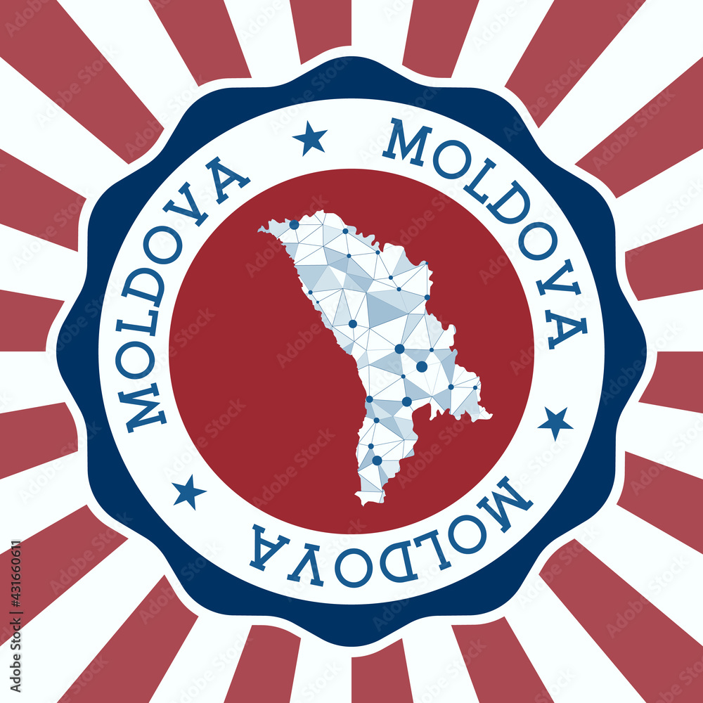 Poster moldova badge. round logo of country with triangular mesh map and radial rays. eps10 vector.