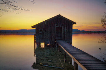 Lake Houses at Lake Kochel in the Bavarian Alps, Germany