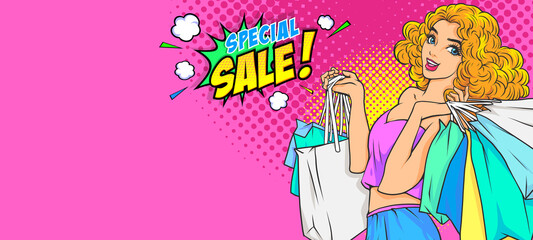 Beautiful woman is shopping sale banner