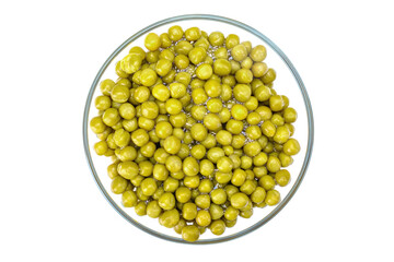 green canned peas in a glass bowl, isolated on a white background.Top view.