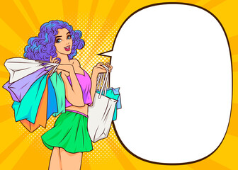Beautiful woman is shopping with speech bubble