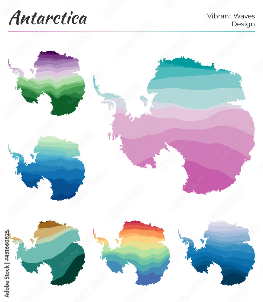 Poster set of vector maps of antarctica. vibrant waves design. bright map of country in geometric smooth cu