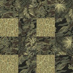 Mimetic camouflage with tropical leaves and leopard skin wallpaper  vector abstract patchwork seamless pattern - obrazy, fototapety, plakaty