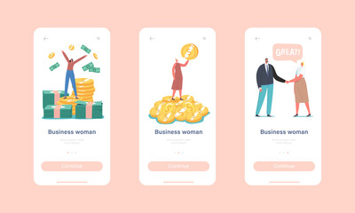 Business Woman Mobile App Page Onboard Screen Template. Successful Tiny Female Character Rejoice on Huge Money Pile