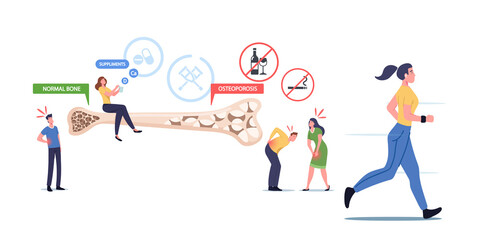 Osteoporosis, Health Care Concept. Tiny Male Female Characters with Bones Disease Symptoms near Huge Bone Cross Section