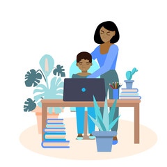 An African-American mother helps her son with homework on her laptop. Teaching children online. Home classes. Mama explains to S. Vector illustration in a flat cartoon style.