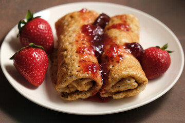 Pancakes with strawberry jam on plate. Pancakes rolls poured berry jam and decorated fresh strawberries.